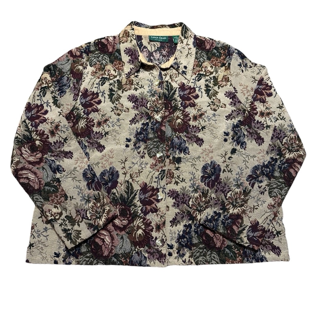 Lemon Grass Studio Retro Cottagecore Granny Floral Tapestry Button Up Jacket, XL